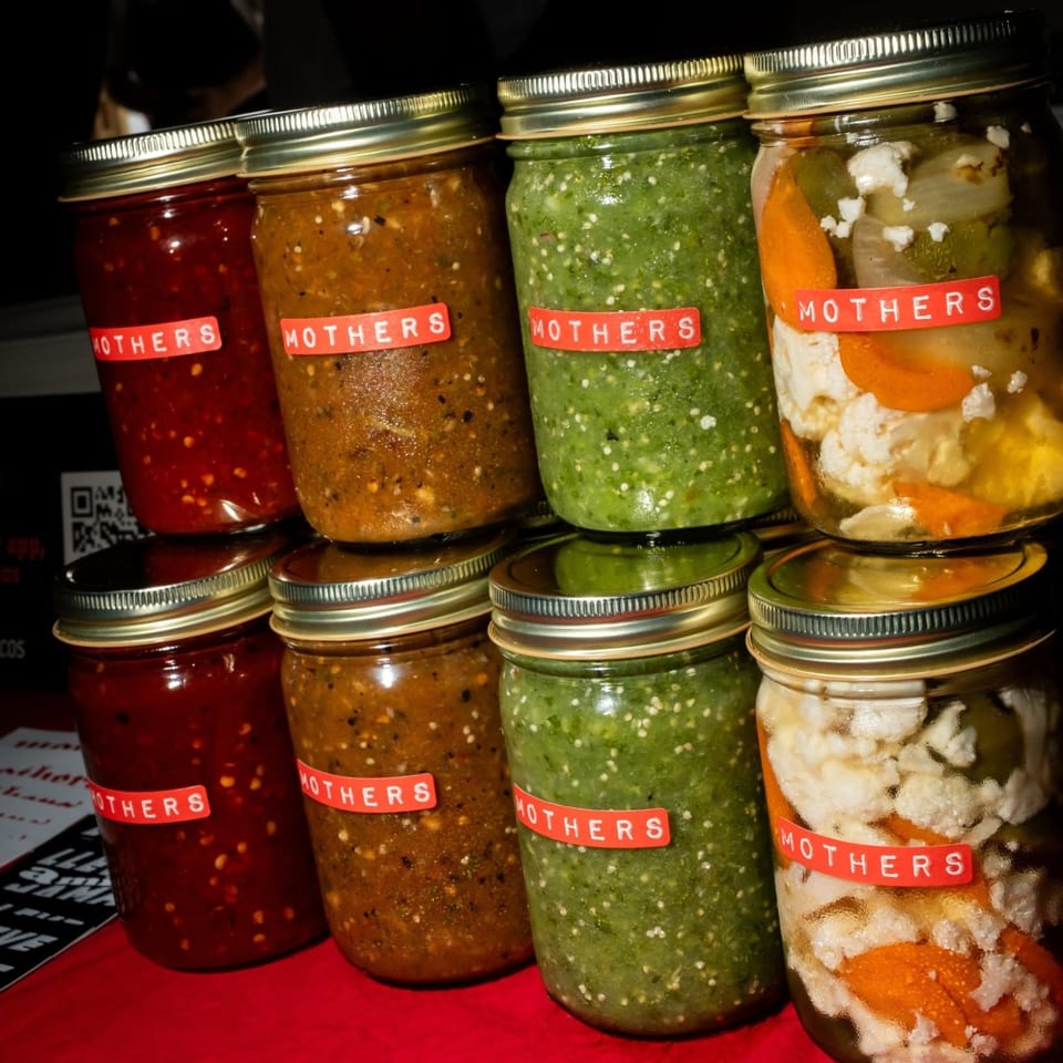 jars of mothers salsa and pickled vegetables