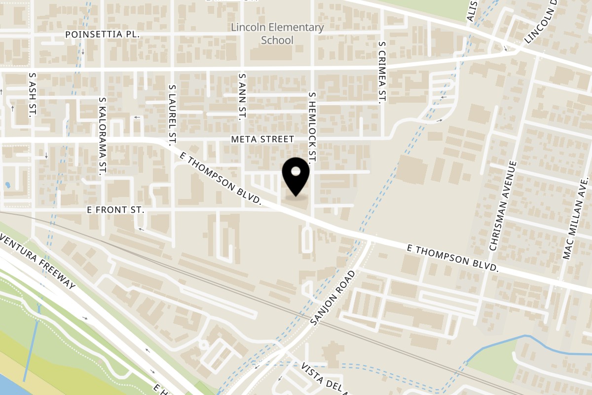 Map showing the location of mothers tacos Ventura on 1177 E Thompson Blvd Ste 101 in Ventura